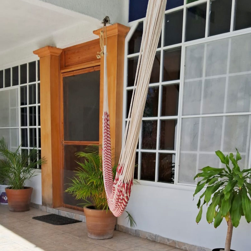Exterior wooden front door with big windows on both sides providing lots of natural light, cotton hammock, and palms in planters on front porch of white house for sale in Guadalupe Etla real estate
