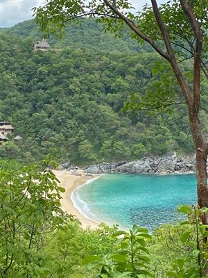 Oceanfront land near Zipolite Oaxaca Mexico surrounded by forested hills