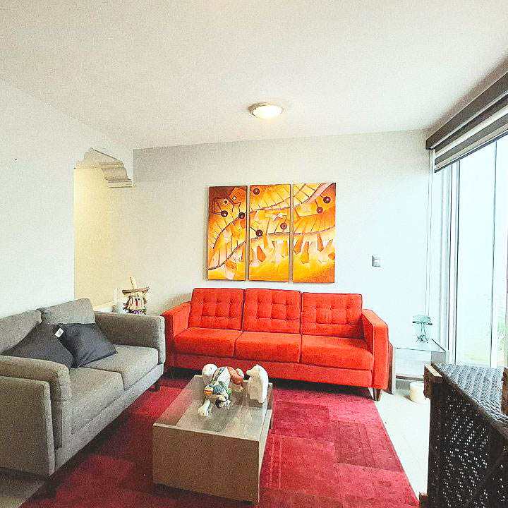 lower san felipe del agua apartment rental ground floor unit with sliding glass door to back patio, orange sofa, and art on walls
