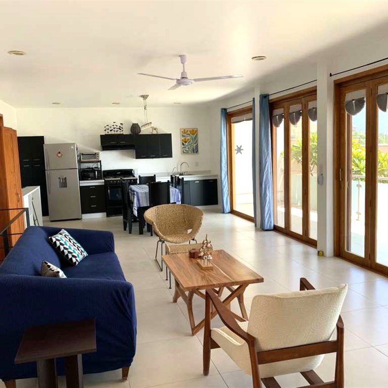 Furnished Oaxaca house for rent with open plan living area, ceiling fan and full kitchen beside wood framed glass doors opening onto a terrace